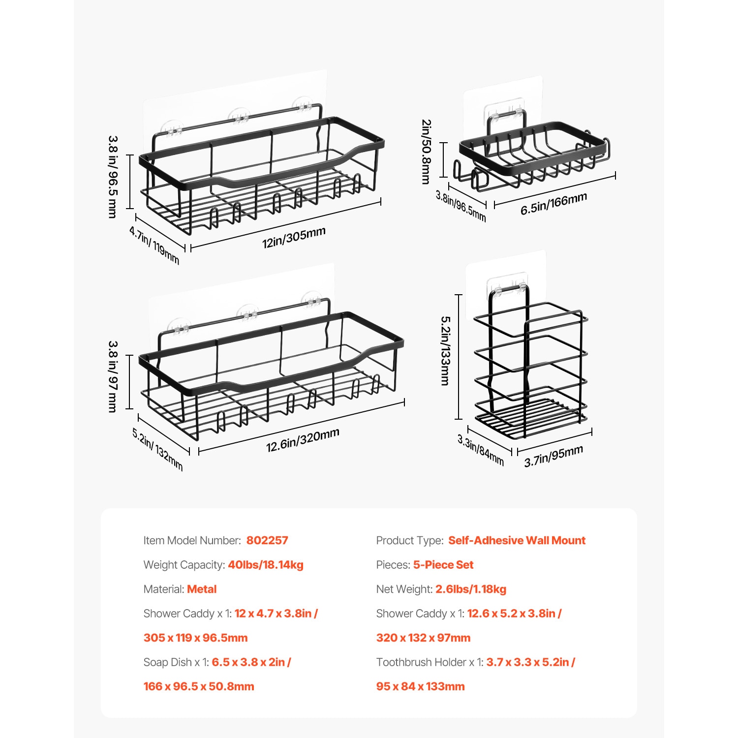 Shower Caddy 5 Pack Adhesive Bathroom Shower Storage Organization Shelves Rack_voghion.com